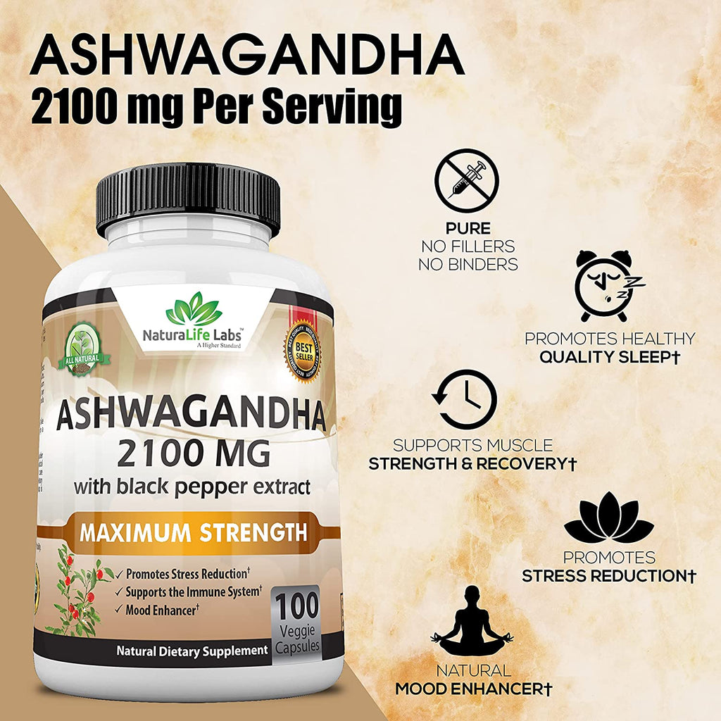 Organic Ashwagandha 2,100 mg - 100 Vegan Capsules Pure Organic Ashwagandha Powder and Root Extract - Stress Relief, Mood Enhancer, Immune & Thyroid Support