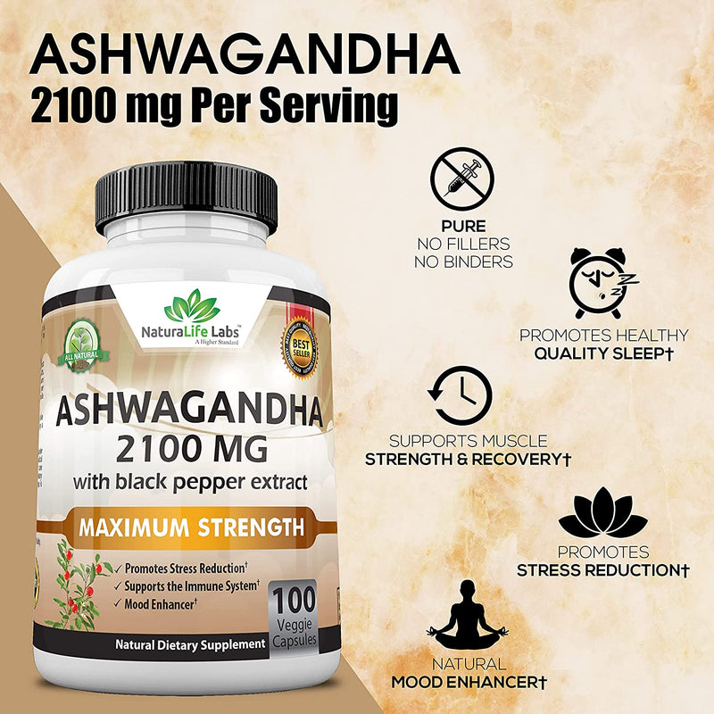 Organic Ashwagandha 2,100 mg - 100 Vegan Capsules Pure Organic Ashwagandha Powder and Root Extract - Stress Relief, Mood Enhancer, Immune & Thyroid Support