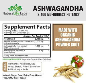 Organic Ashwagandha 2,100 mg - 100 Vegan Capsules Pure Organic Ashwagandha Powder and Root Extract - Stress Relief, Mood Enhancer, Immune & Thyroid Support