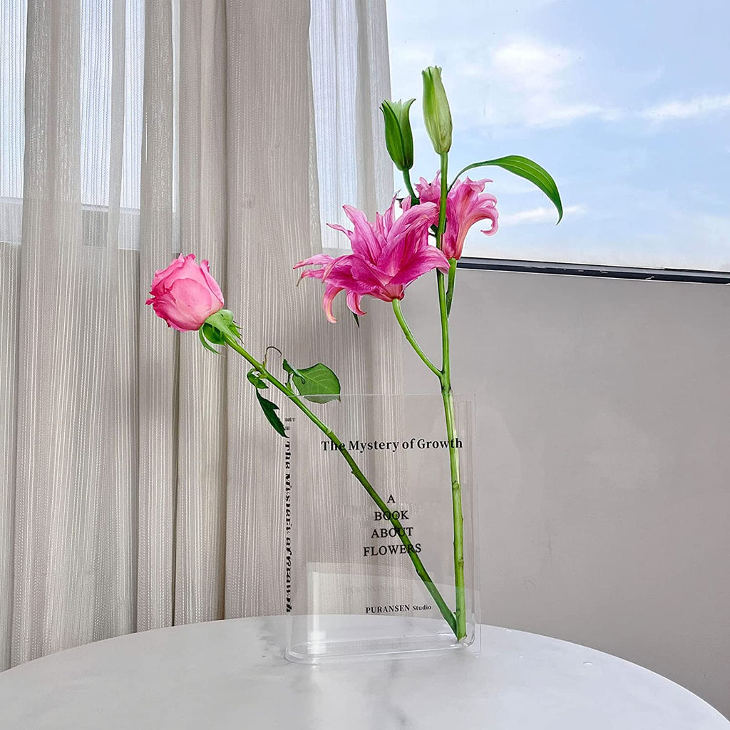 Puransen Book Vase for Flowers Aesthetic Room Decor, Artistic and Cultural Flavor Decorative Acrylic Vase, Unique Home/Bedroom/Office Accent, A Book About Flowers